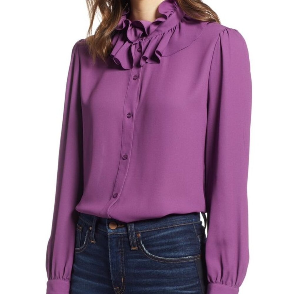Halogen Vibrant Purple Ruffle Neck Blouse
